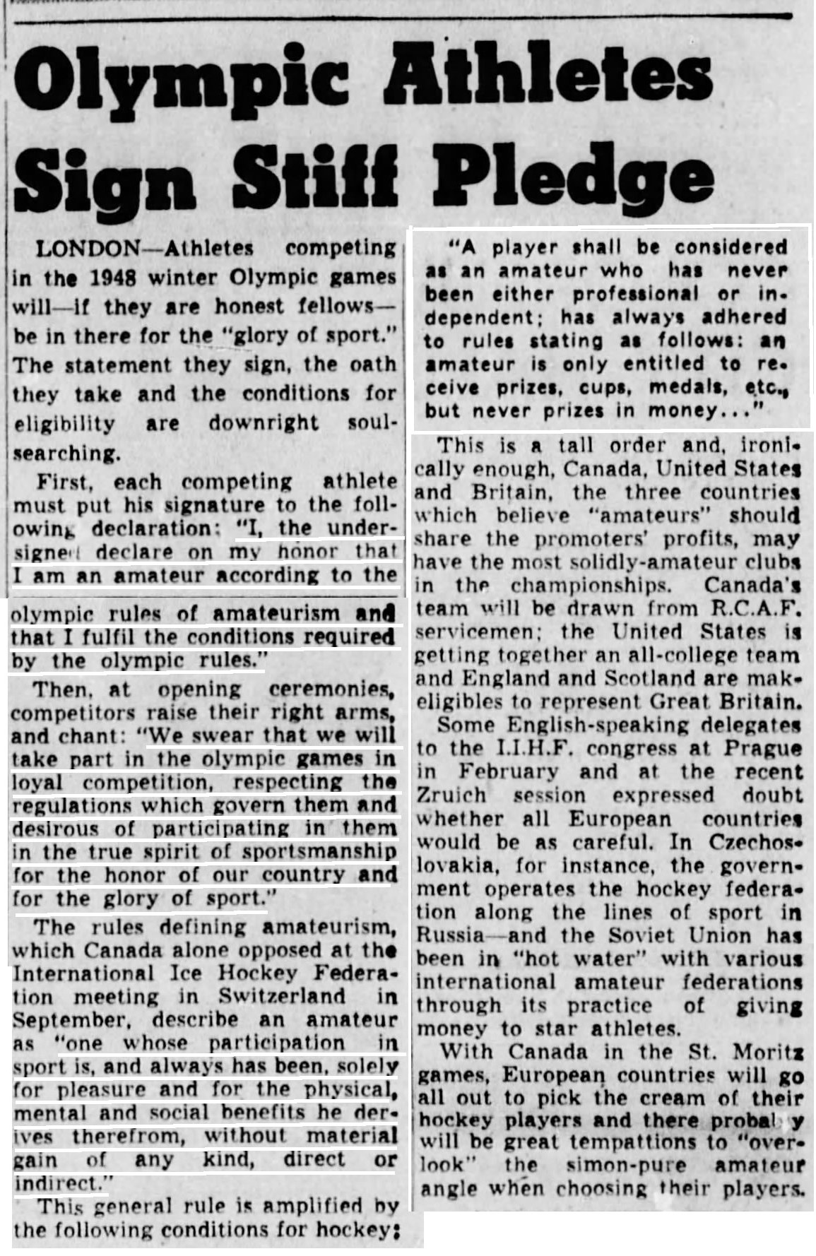 Image: Winnipeg Tribune Nov 1 1947 Olympic Pledge